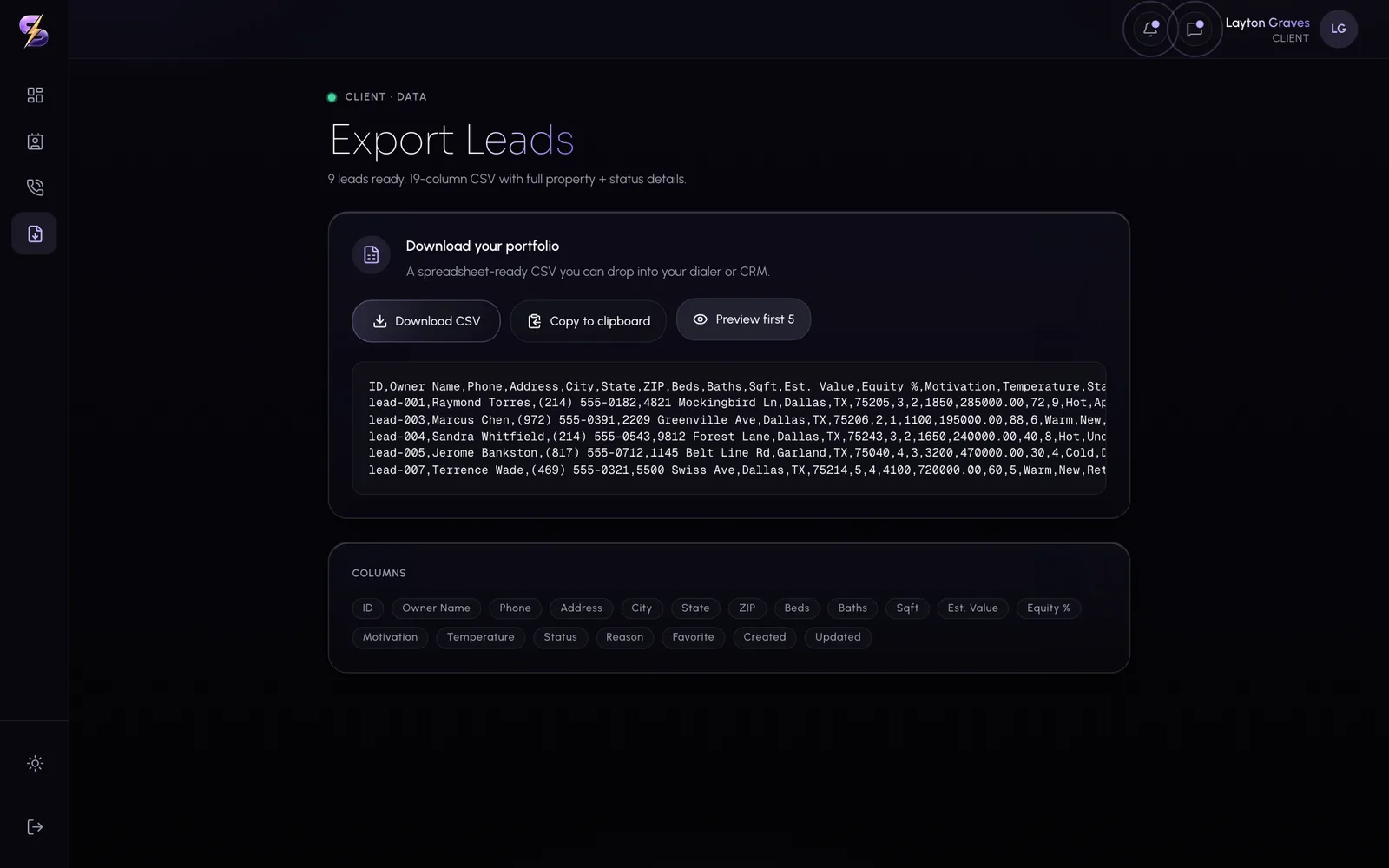 SOS CRM Wholesaler portal — Export to CSV